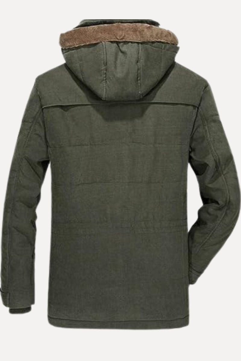 Front view of Kouvr men's green sherpa lined winter parka with hood up