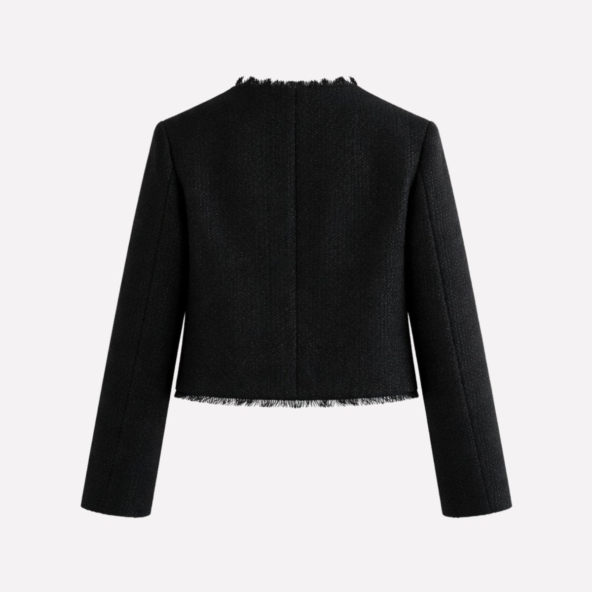 Flatlay product shot of the back of the Kouvr Jelani Black Tweed Jacket, emphasizing the woven texture and classic silhouette.