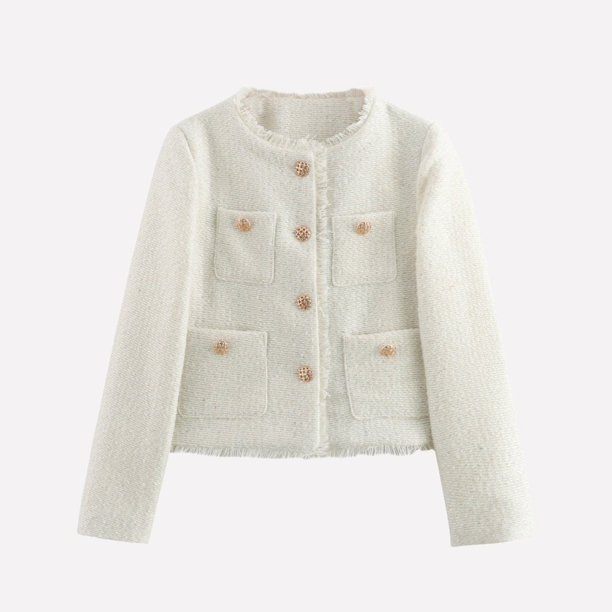 Flat lay of the Kouvr Jelani white tweed jacket showcasing the textured bouclé fabric, fringe details, and embossed gold buttons.