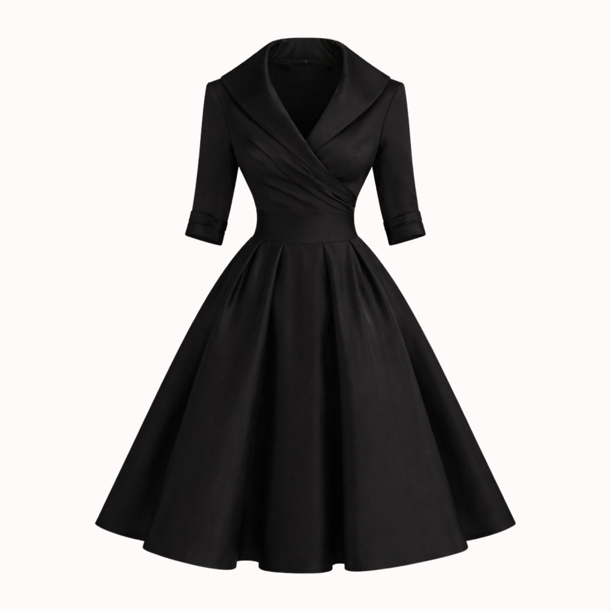 Product-only photo of the Kouvr Jenner black fit and flare dress laid flat to show its full shape and lapel collar details.