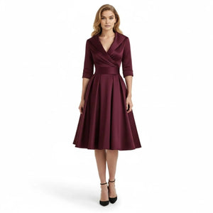 Elegant Shawl Collar Midi Dress | 3/4 Sleeve Fit & Flare Cocktail Dress | 1950s Vintage Style A-Line Swing Gown for Wedding Guest Formal Event | Kouvr Elegant Shawl Collar Midi Dress | 3/4 Sleeve Fit & Flare Cocktail Dress | 1950s Vintage Style A-Line Swing Gown for Wedding Guest Formal Event | Kouvr