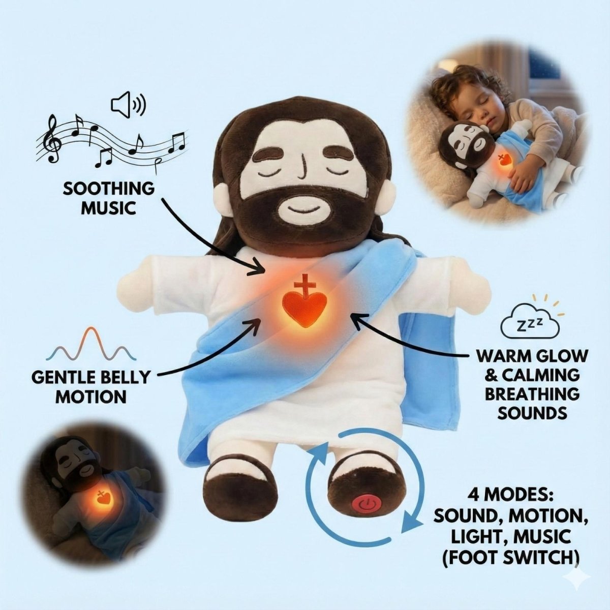 The features of the Kouvr Jesus Plush Toy, including soothing music, gentle belly motion, warm glow, and a foot switch for modes.