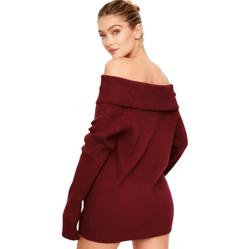 Woman wearing a burgundy kouvr off-shoulder sweater dress on a white background