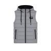 Flat lay product shot of the front of the Kouvr Men's Hooded Puffer Vest in grey, detailing the zip closure, black drawstrings, and logo patch.