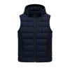 Product-only studio shot of the Kouvr Jomari men's navy hooded puffer vest, zipped up.