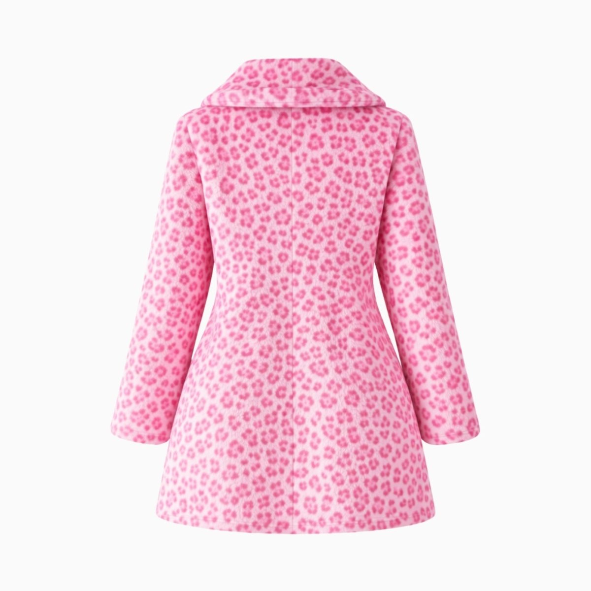 Flatlay showing the back of the Kouvr Jovi pink leopard print faux fur coat, displaying the full pattern.