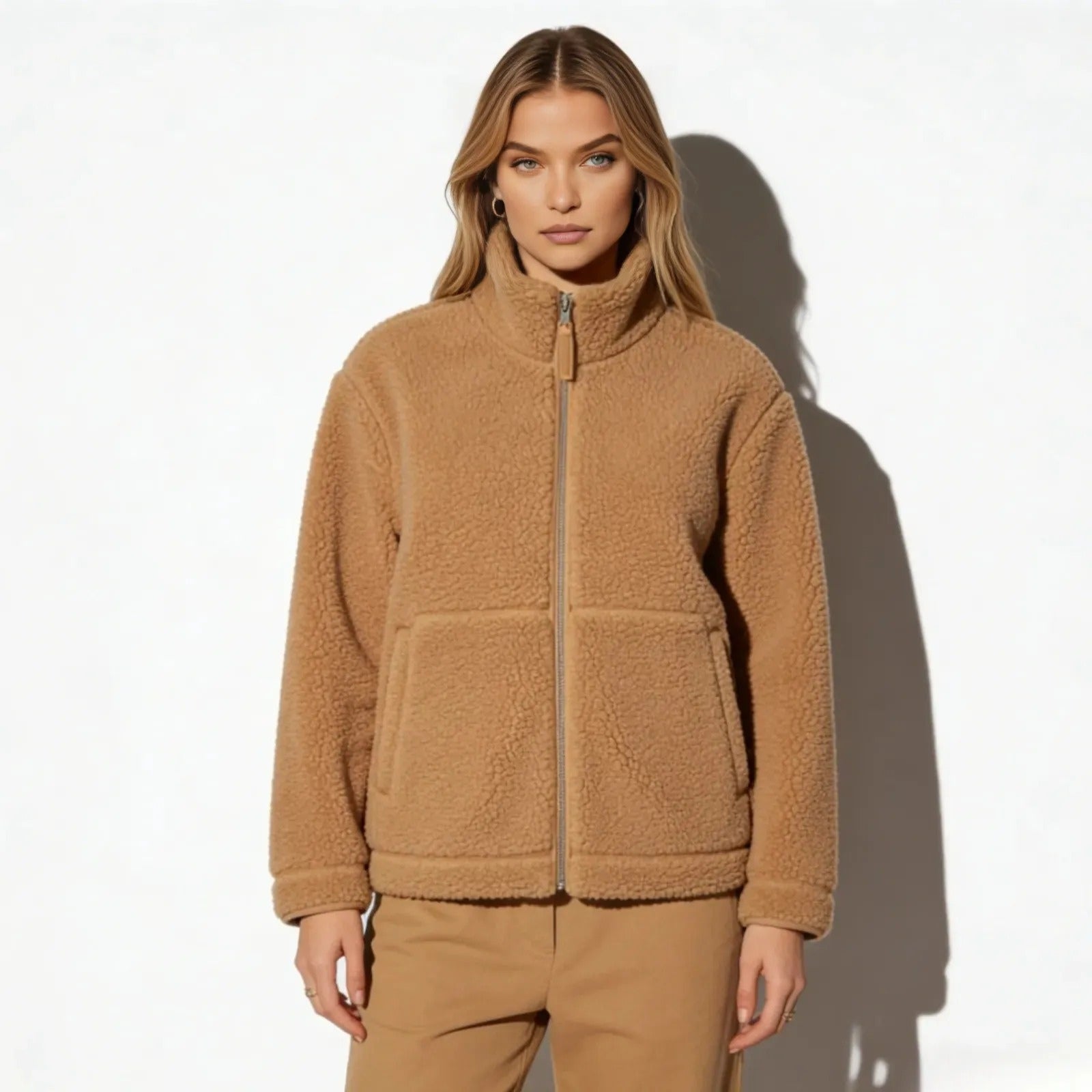 Model wearing the Kouvr Julie high neck sherpa fleece jacket in a rich camel color, shown from the front against a white background