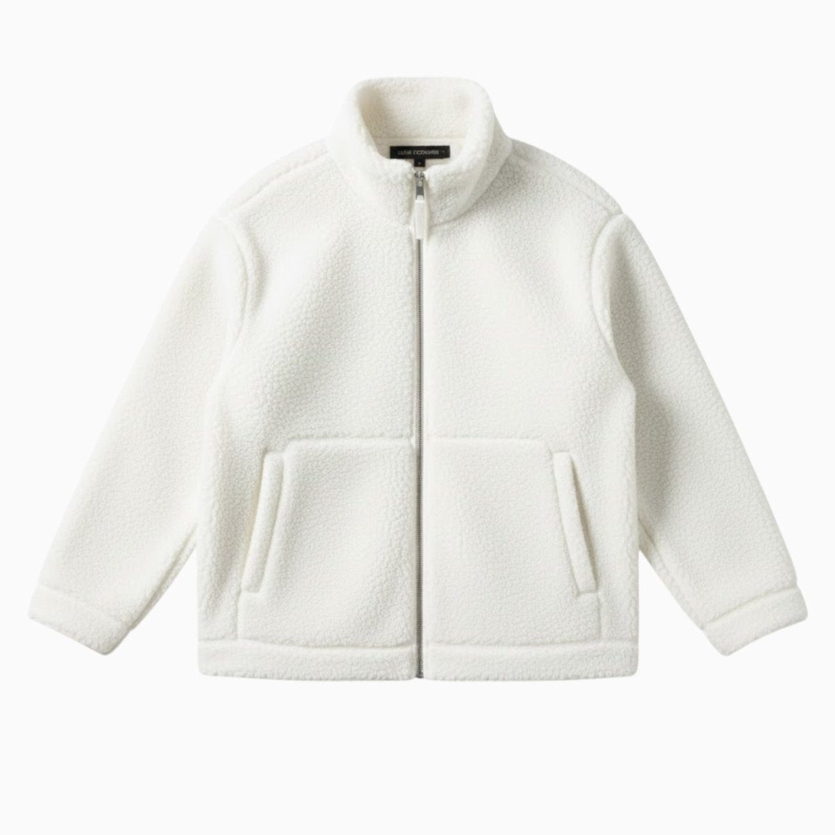 Product flat lay of the white Julie sherpa fleece jacket, showing the full front, zipper detail, and patch pockets.