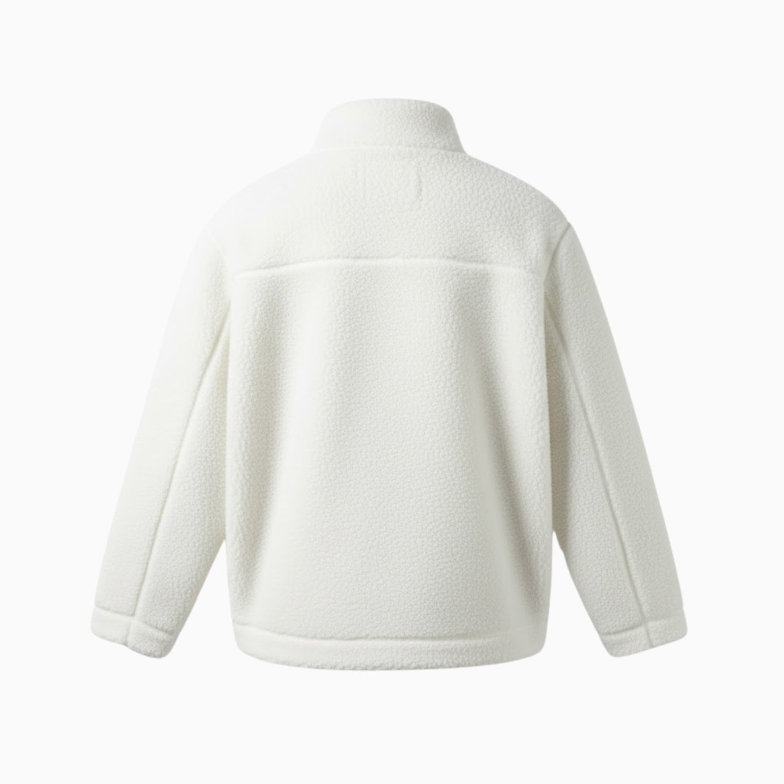 Top-down flat lay of the back of the white Julie sherpa jacket, displaying the clean lines and texture of the fleece.