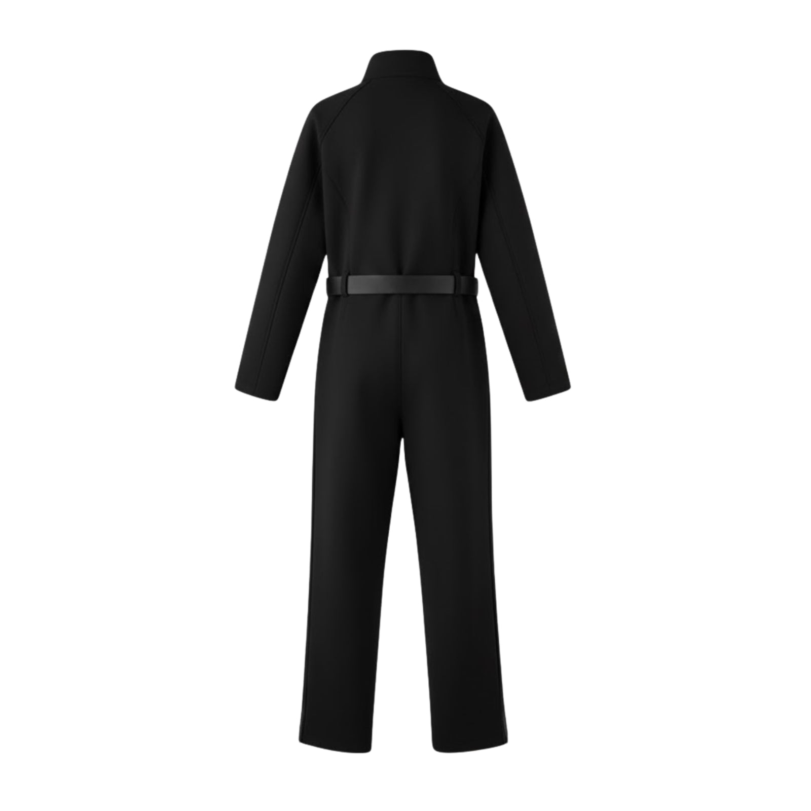 Flat lay showing the back of the Kouvr Junnie black belted one-piece, detailing the minimalist design.