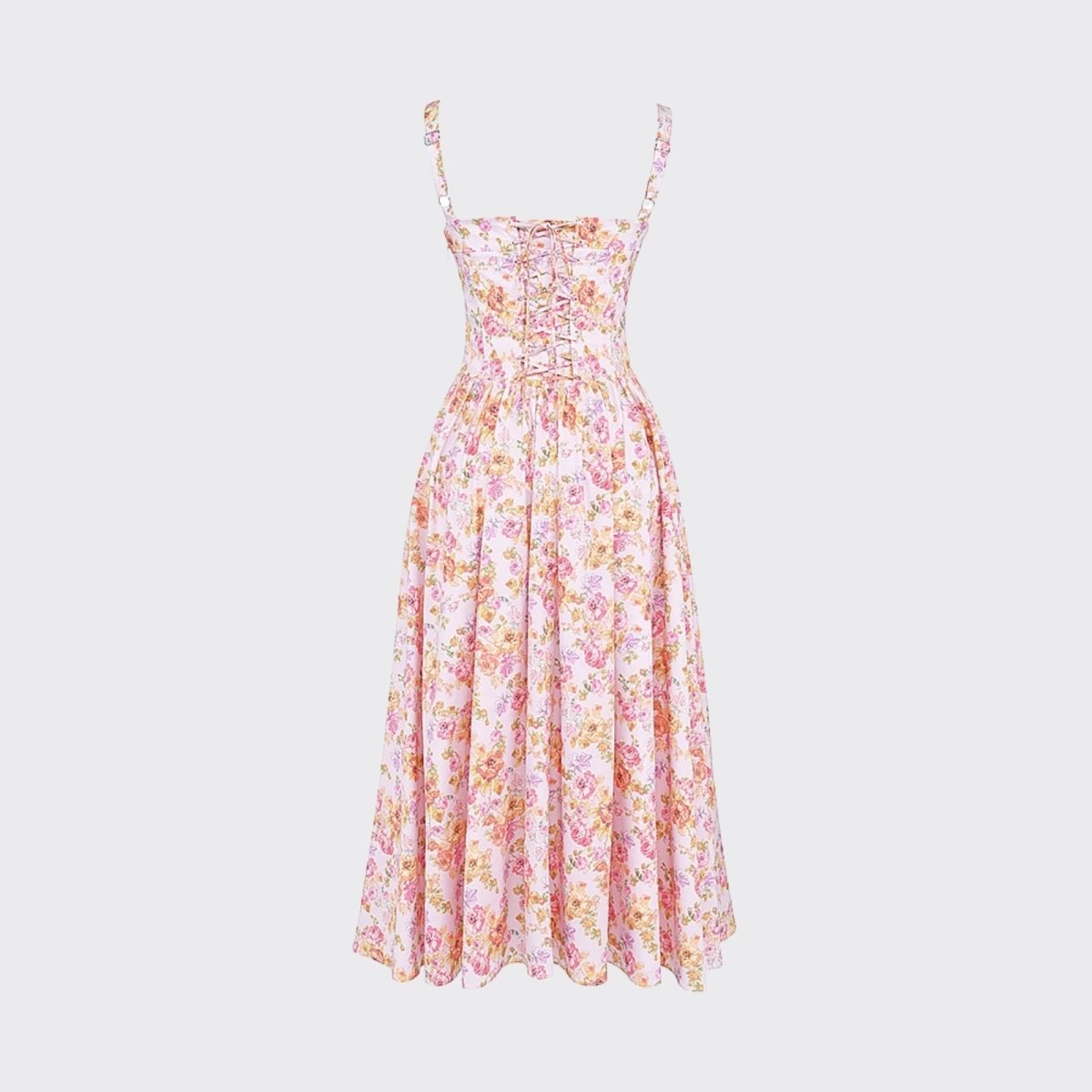 Flat lay of the back of the Kallirroi midi dress, detailing the intricate lace-up corset design and gathered waist.