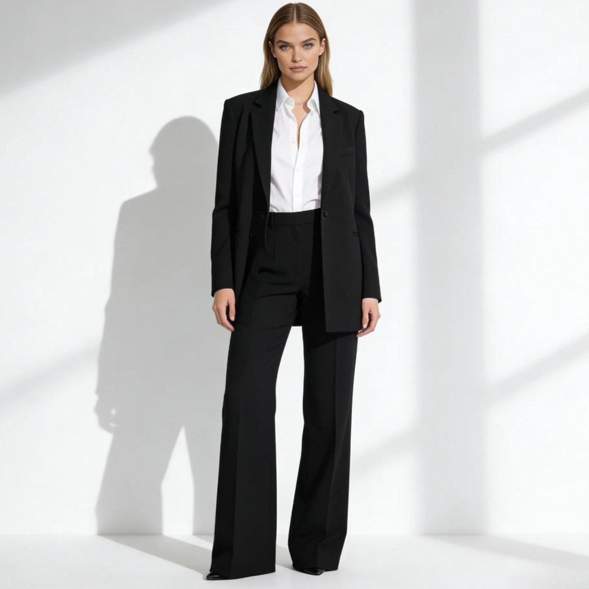 Model wearing the Kouvr Fashion black Kate suit with a relaxed fit single-breasted blazer and high-waist wide-leg trousers, standing against a white background.
