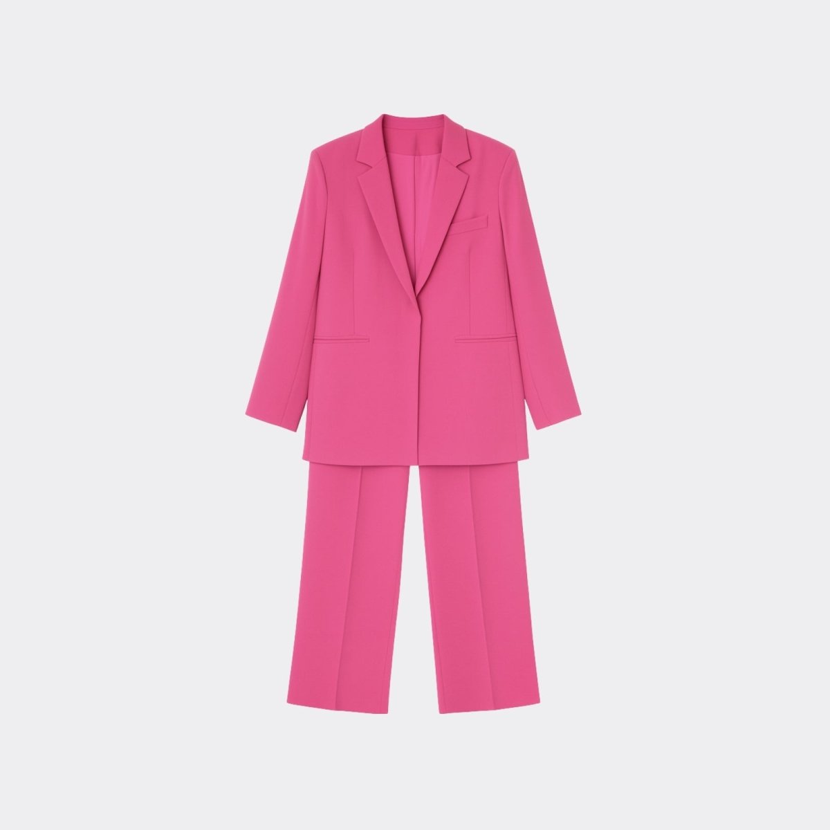 Flat lay of the Kouvr kate pink suit set, showcasing the front of the single-breasted blazer and cropped tailored trousers.
