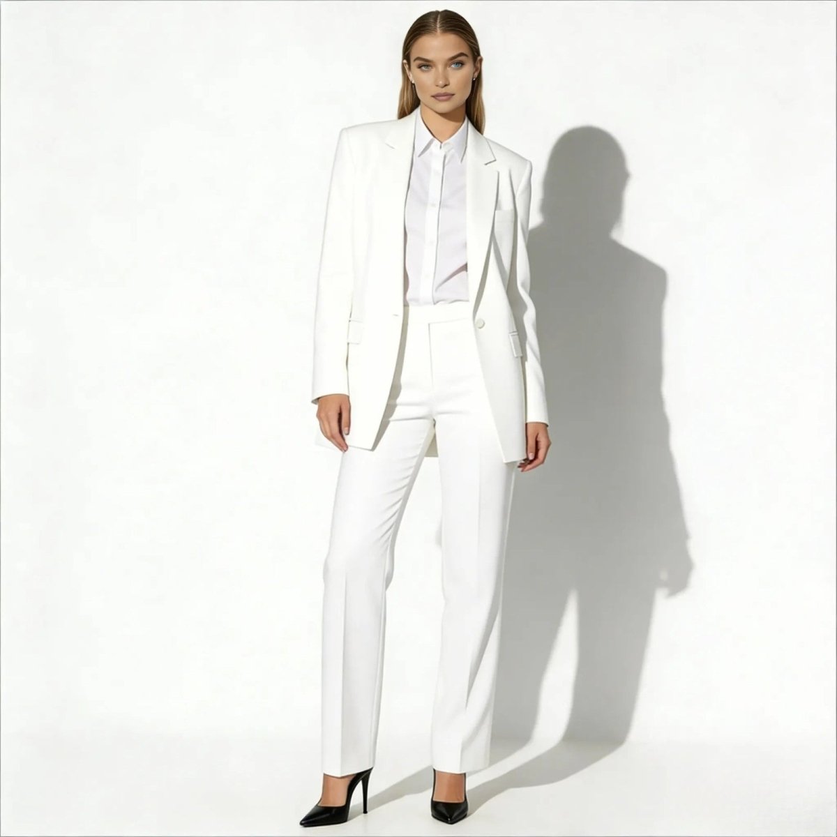 Model wearing the Kouvr Kate women's white tailored suit with a single-breasted blazer and matching straight-leg trousers, standing against a white background.