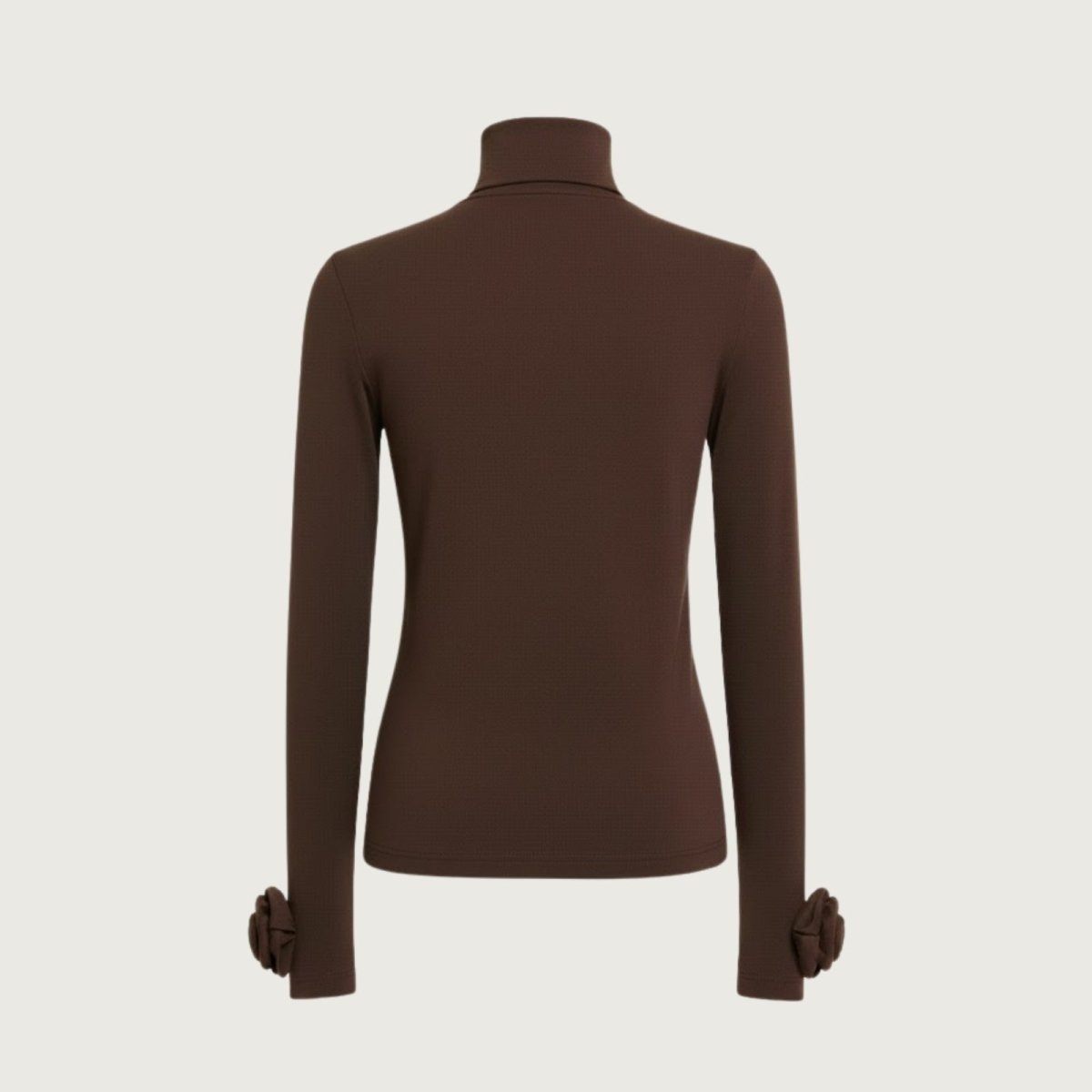 Flat lay of the back of the brown turtleneck top, displaying the fabric texture and silhouette.