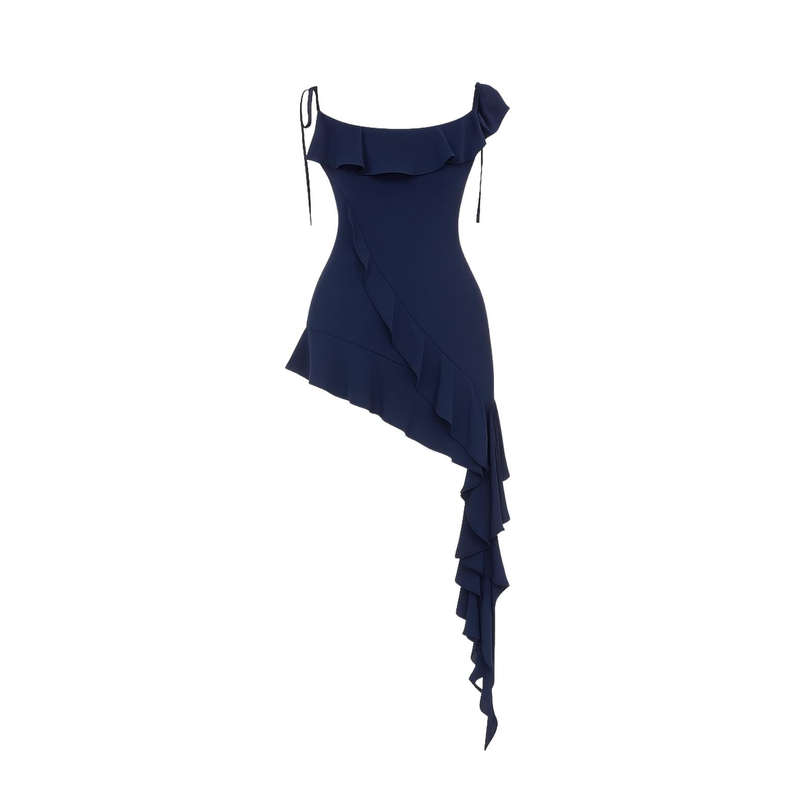 Navy kouvr dress with ruffled details on a white background
