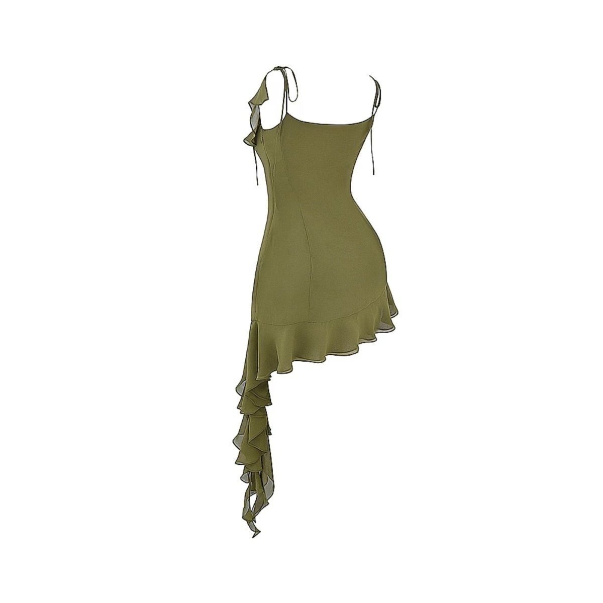 Olive kouvr dress with ruffled hem on a white background