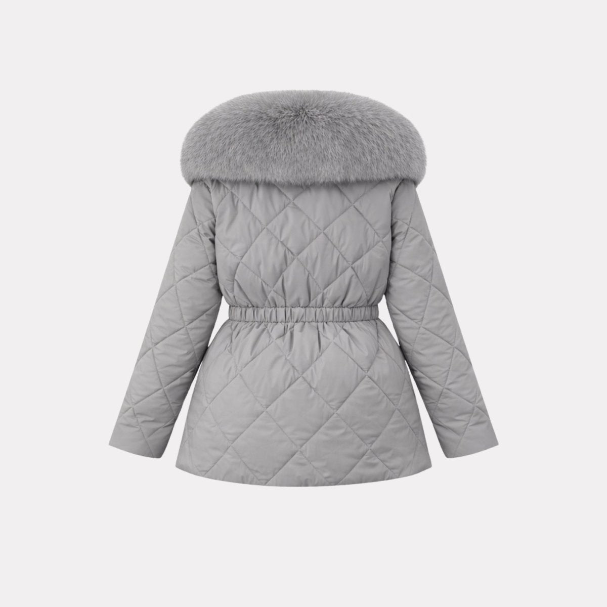 Flatlay of the back of the Kayla grey quilted jacket, detailing the diamond quilt pattern and cinched waist design.