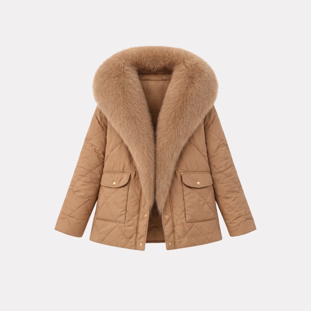 Flatlay product shot of the Kouvr Kayla women's quilted jacket in light brown, with the faux fur collar open and gold hardware visible.
