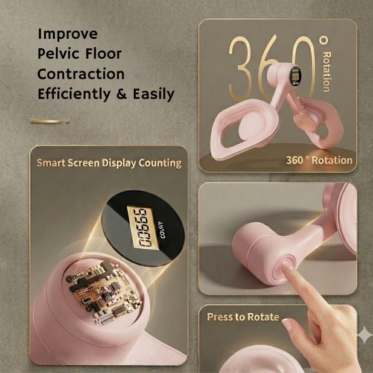Infographic detailing features of the pink KOUVR Kegel exerciser, highlighting "360° Rotation," a close-up of the internal smart chip for "Smart Screen Display Counting," and the "Press to Rotate" mechanism for efficient pelvic floor contraction.