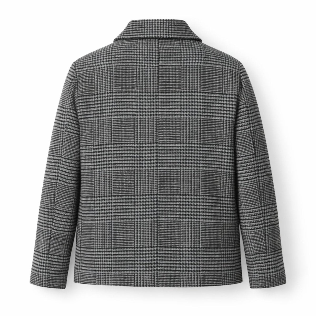 Flat lay of the back of the Kouvr Kensington gray plaid shirt jacket, highlighting the quality fabric and construction.