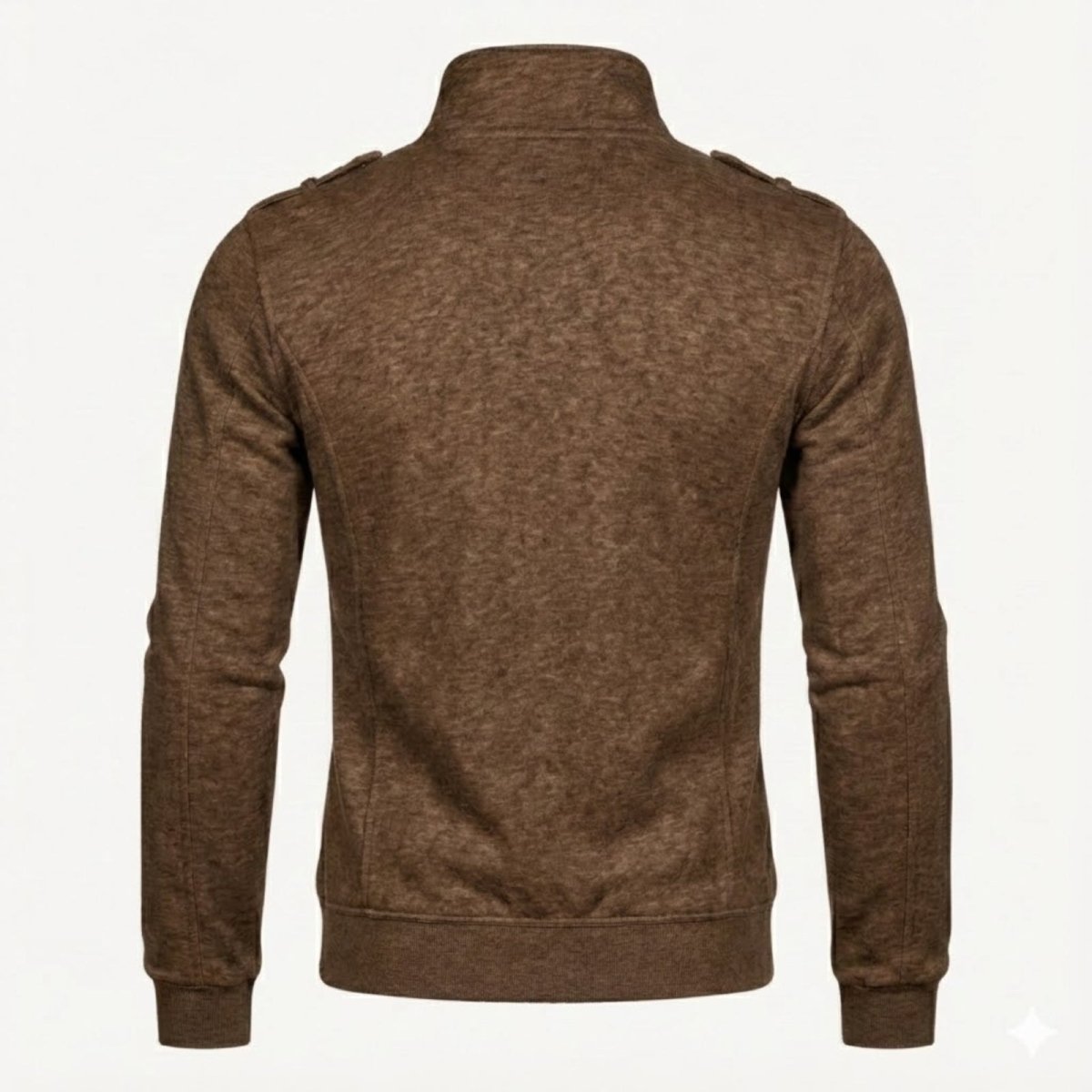 Back view of the Kouvr Kent brown bonded fleece jacket showing the clean lines and construction.