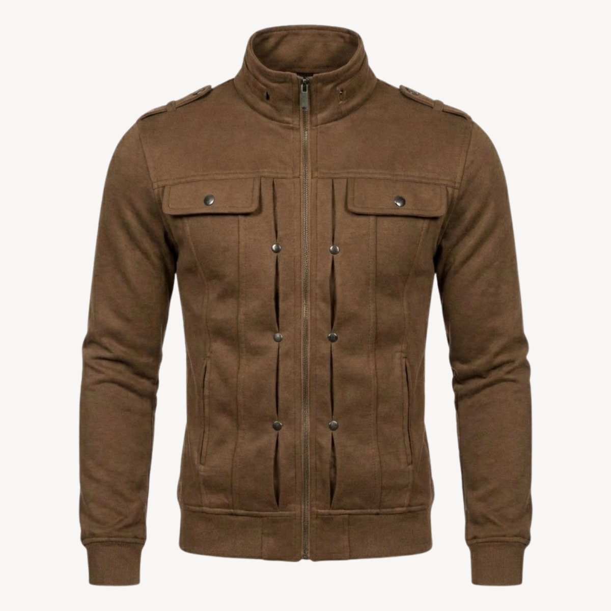 High-resolution studio photo of the Kouvr Kent men's military-style jacket in mocha brown on a white background.