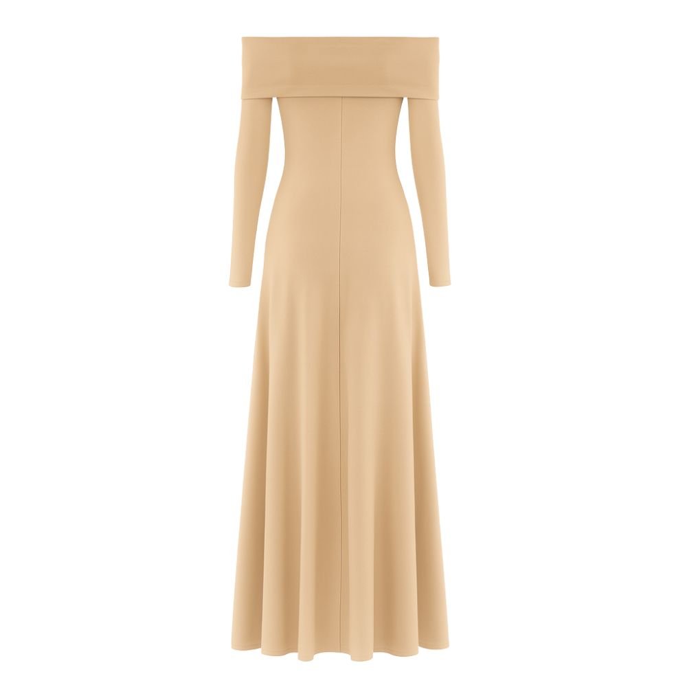 Khaki kouvr off-shoulder long-sleeve dress on a white background