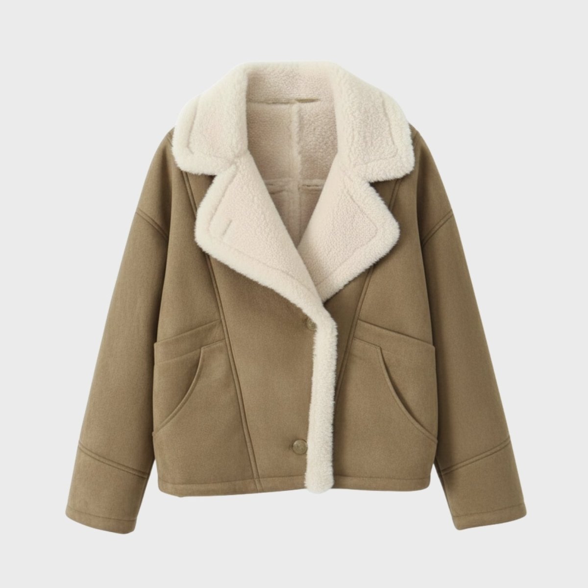 Flat lay front view of a khkai sherpa-lined jacket with a wide collar and front pockets against a light grey background.
