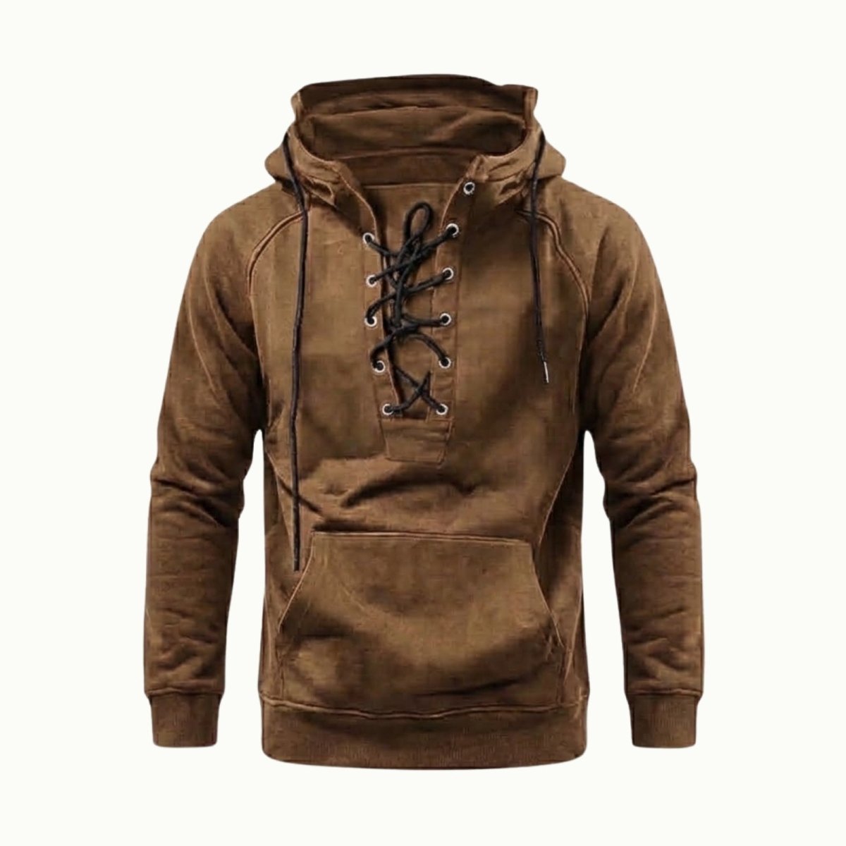 Front view of the Kouvr khaki suede hoodie with its distinctive lace-up placket and kangaroo pocket.
