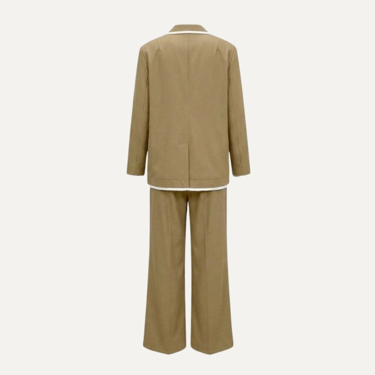 Flatlay product shot of the back of the Kouvr khaki two-piece suit set, showing the construction of the blazer and trousers.
