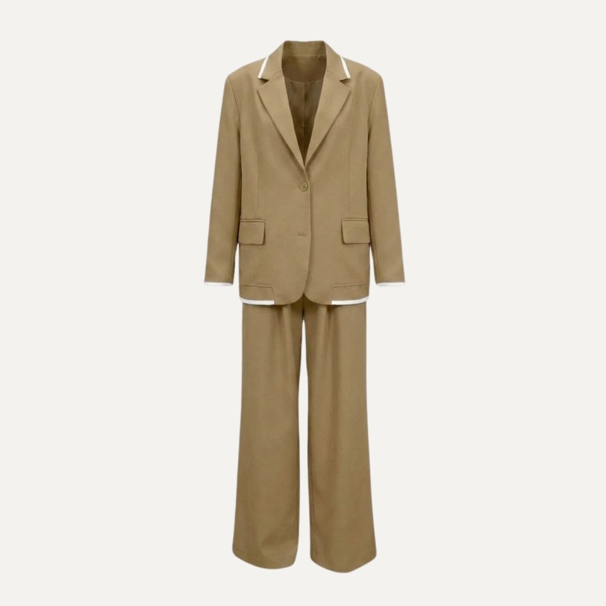 Flatlay product shot of the Kouvr khaki two-piece suit set, displaying the front of the blazer and trousers against a white background.