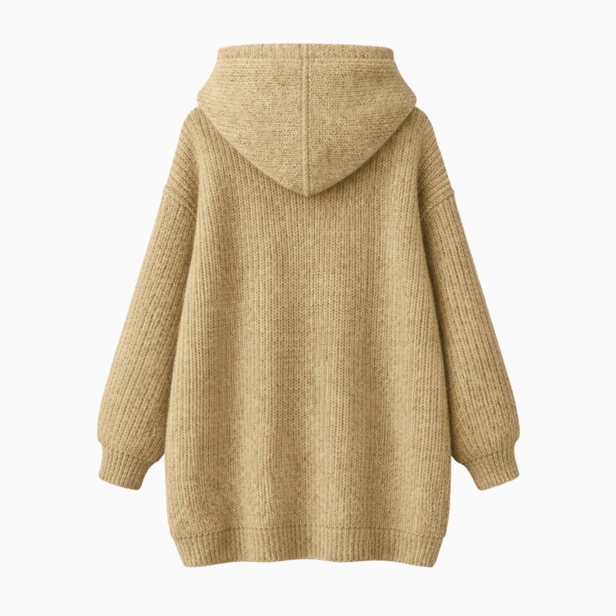 Flatlay of the back of the Kouvr khaki oversized knit hoodie, displaying the hood construction and clean, seamless back.