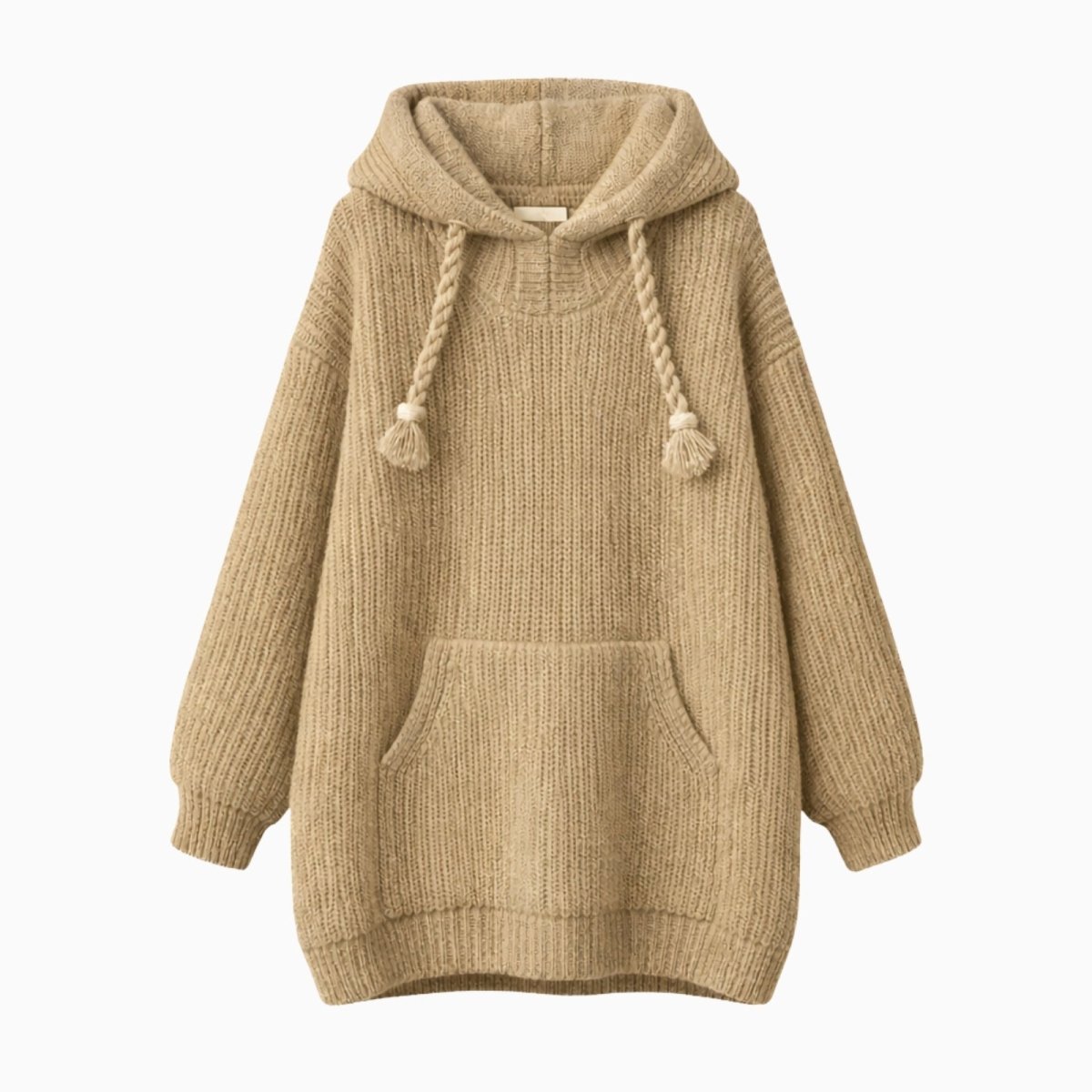 Flatlay product shot of the Kouvr khaki oversized knit hoodie showing the full garment, braided drawstrings, and pocket details.
