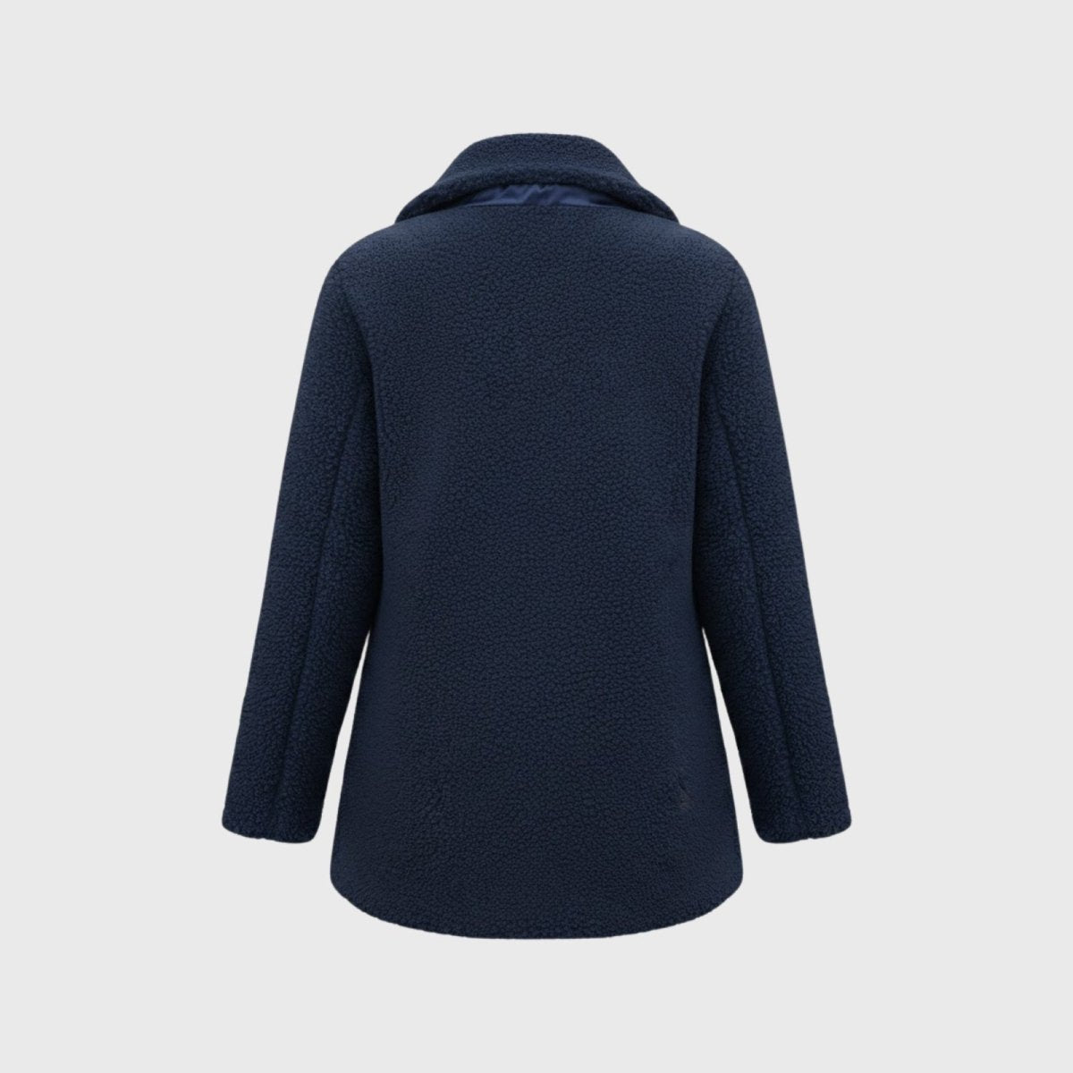 Back view flat lay of the Kouvr navy sherpa coat, detailing the texture of the boucle fleece material and the center seam construction.