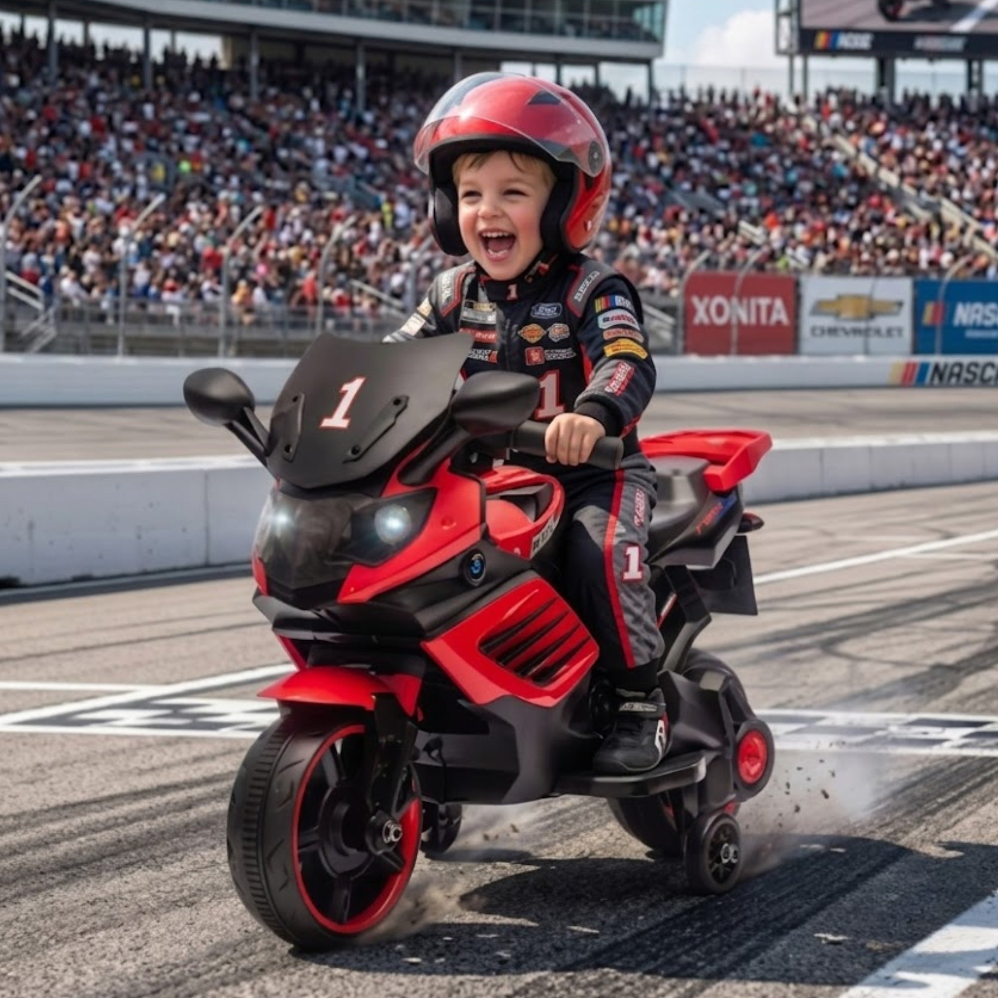 Happy young boy laughing while riding a red Kouvr kids electric motorcycle on an outdoor race track.
