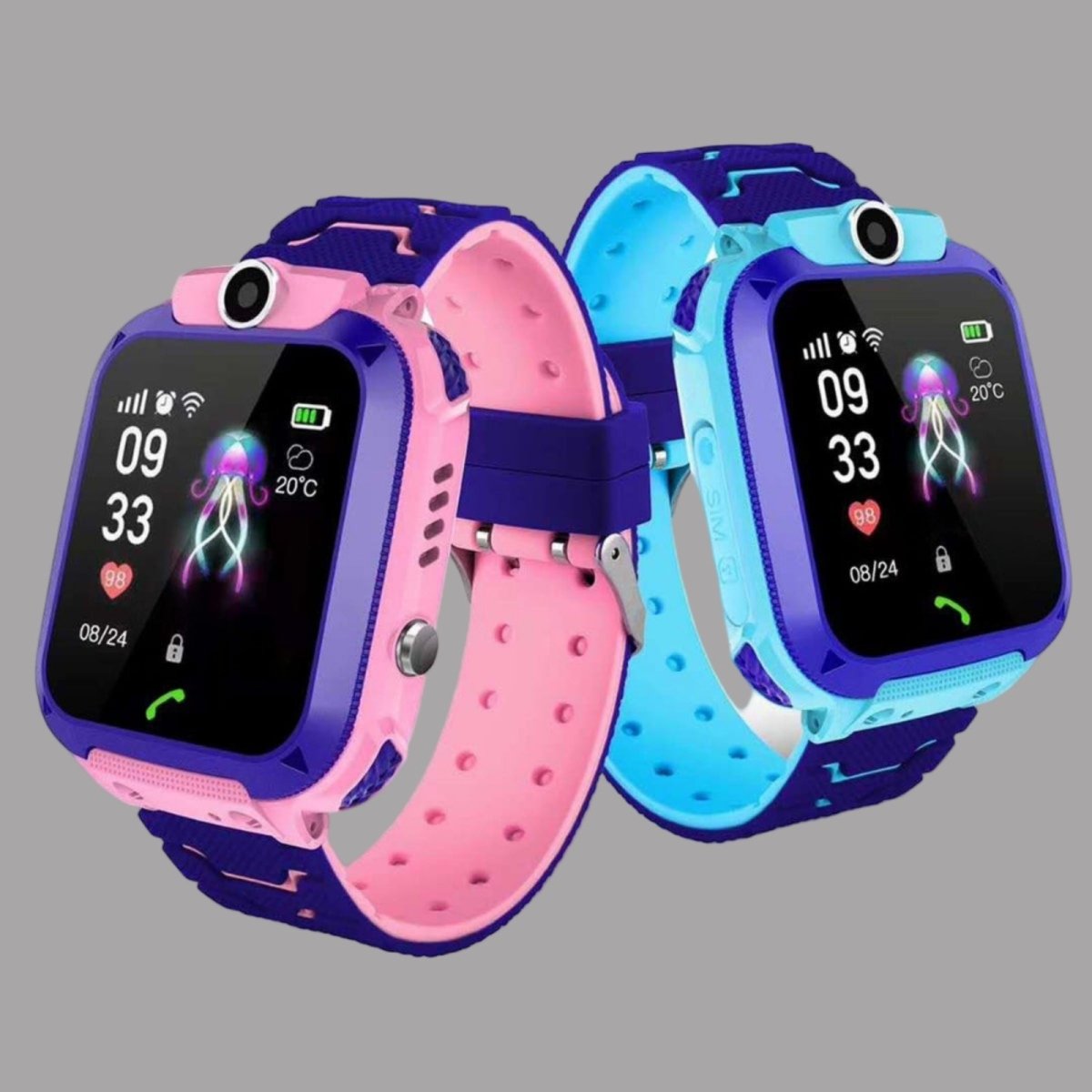 Two children's smartwatches, one pink and one blue, on a gray background.