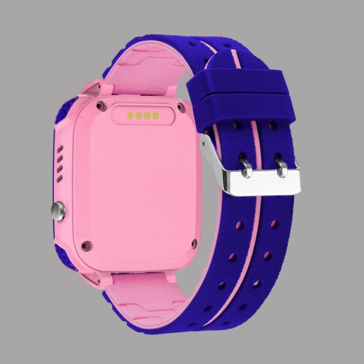 Pink and blue smartwatch on a gray background