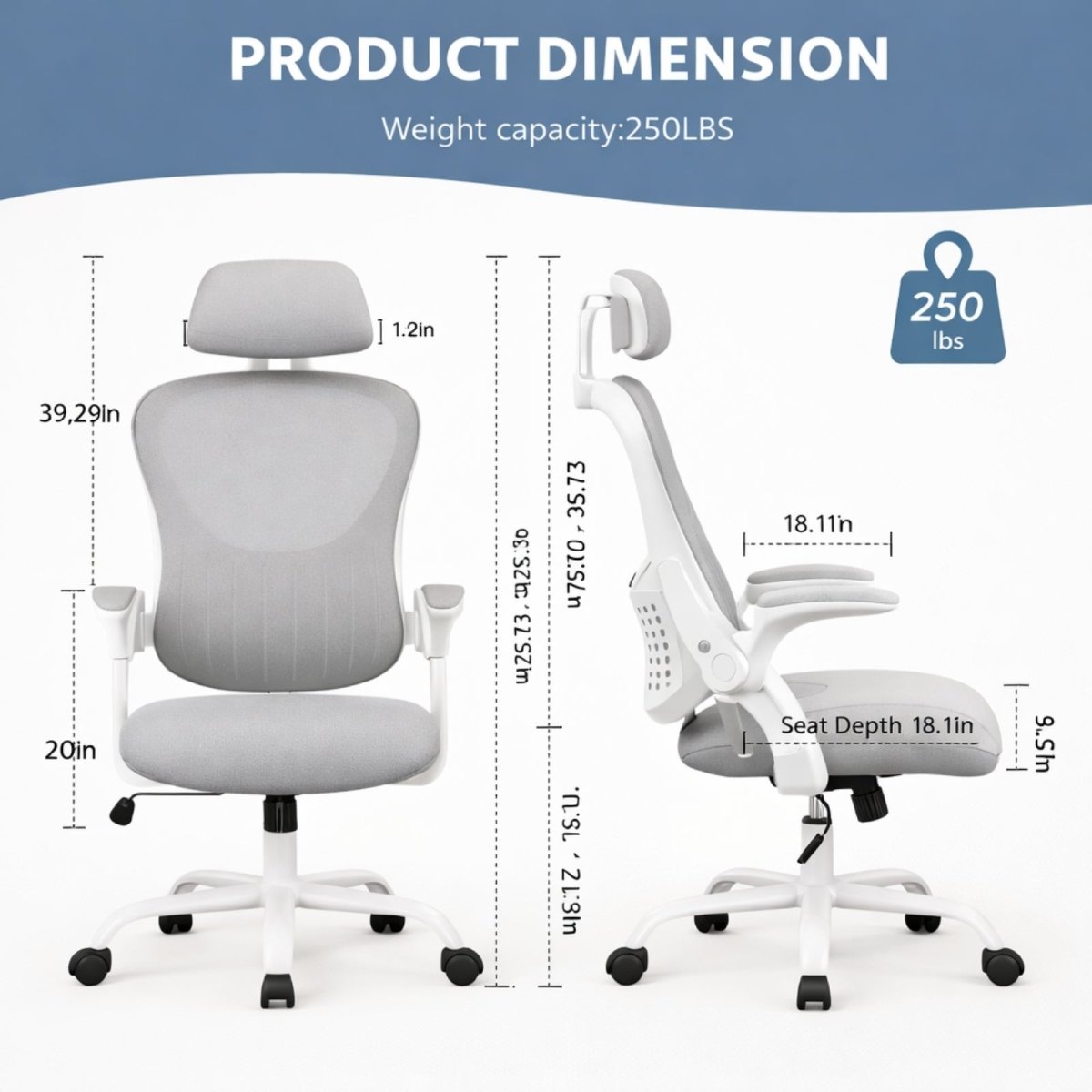 Rear three-quarter view of the Kouvr Kinesis ergonomic office chair in white and grey, placed in a modern sunlit home office with a white desk and computer.