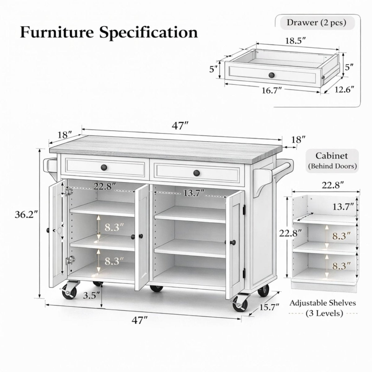 Technical dimension diagram of 58-inch mobile kitchen island showing 47-inch base width, 36.2-inch height, and drawer interior measurements.
