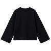 Flat lay of a black oversized crewneck sweater with wide bell sleeves and external seam details, made from a luxury wool-cashmere blend.