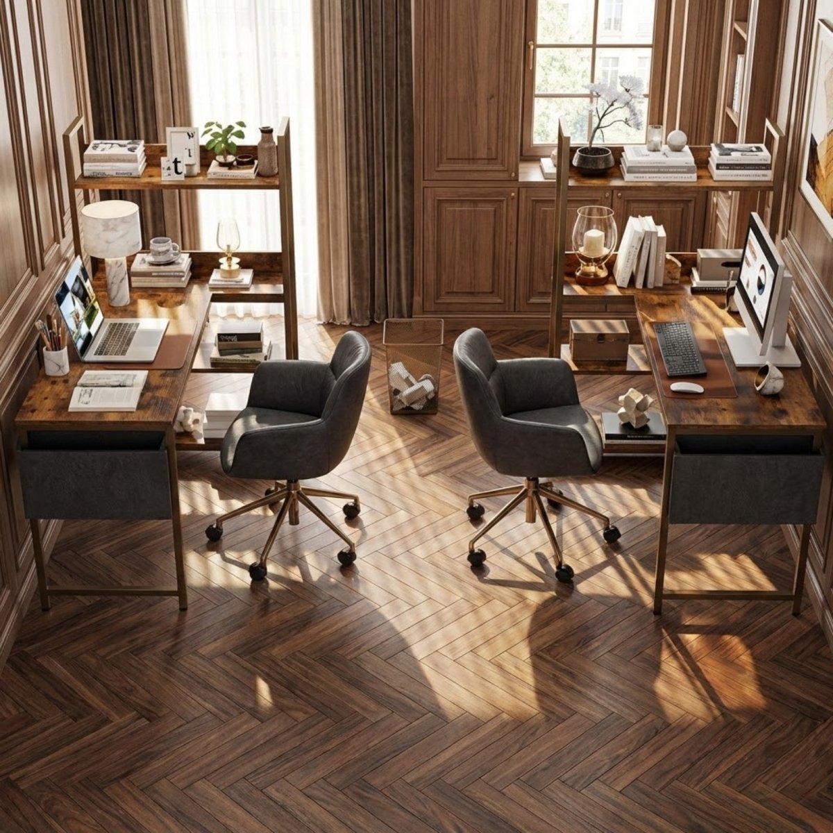 Two Kouvr L-shaped desks in a rustic brown finish arranged back-to-back in a large home office, demonstrating a two-person workstation setup.
 