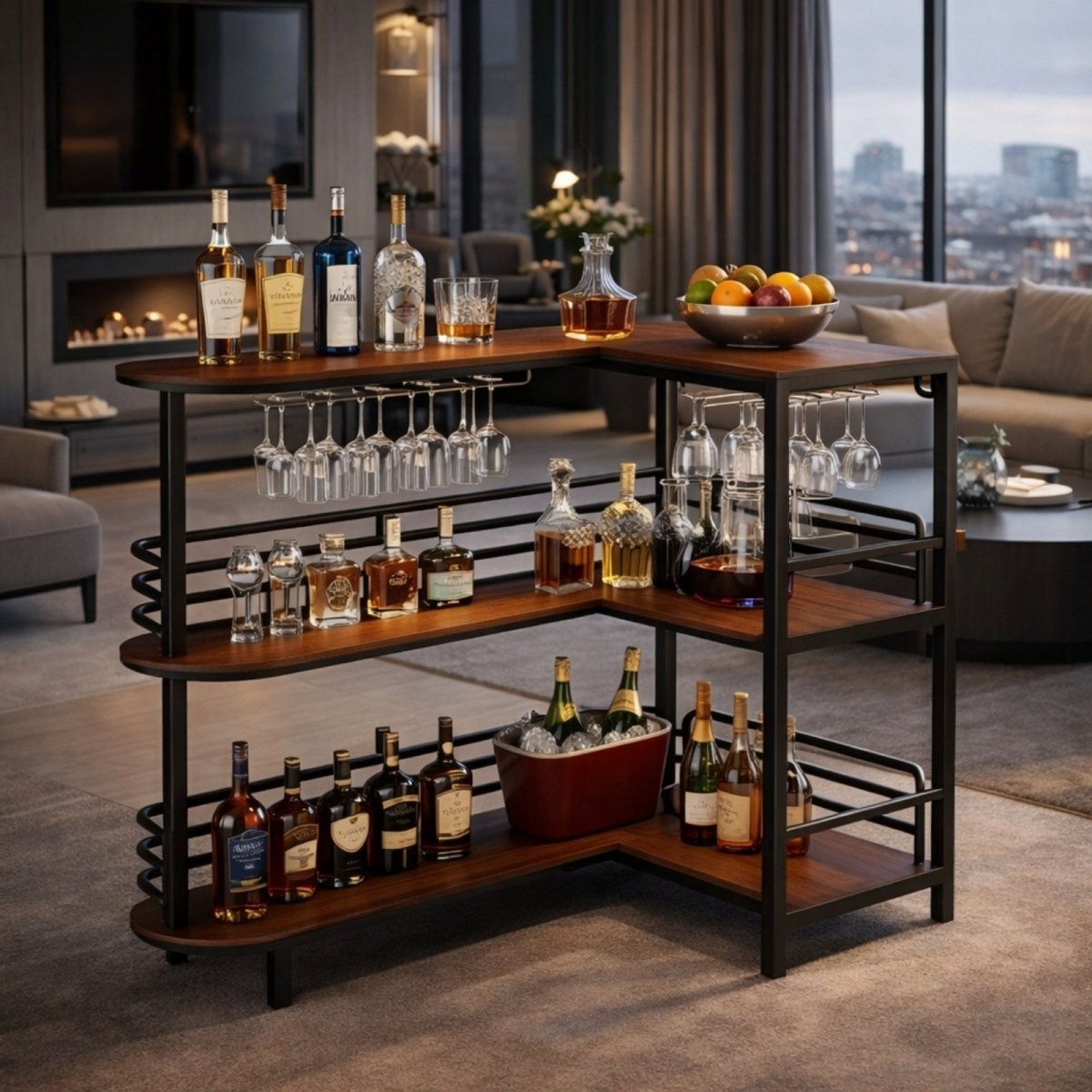 The Kouvr L-shaped home bar cabinet in a sophisticated, dark-toned room at dusk, set with cocktails and whiskey glasses, creating an intimate ambiance.
