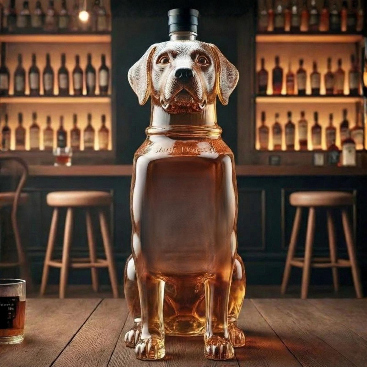 Front view of a detailed glass whiskey decanter shaped like a sitting Labrador Retriever, filled with amber liquid in a sophisticated bar setting.