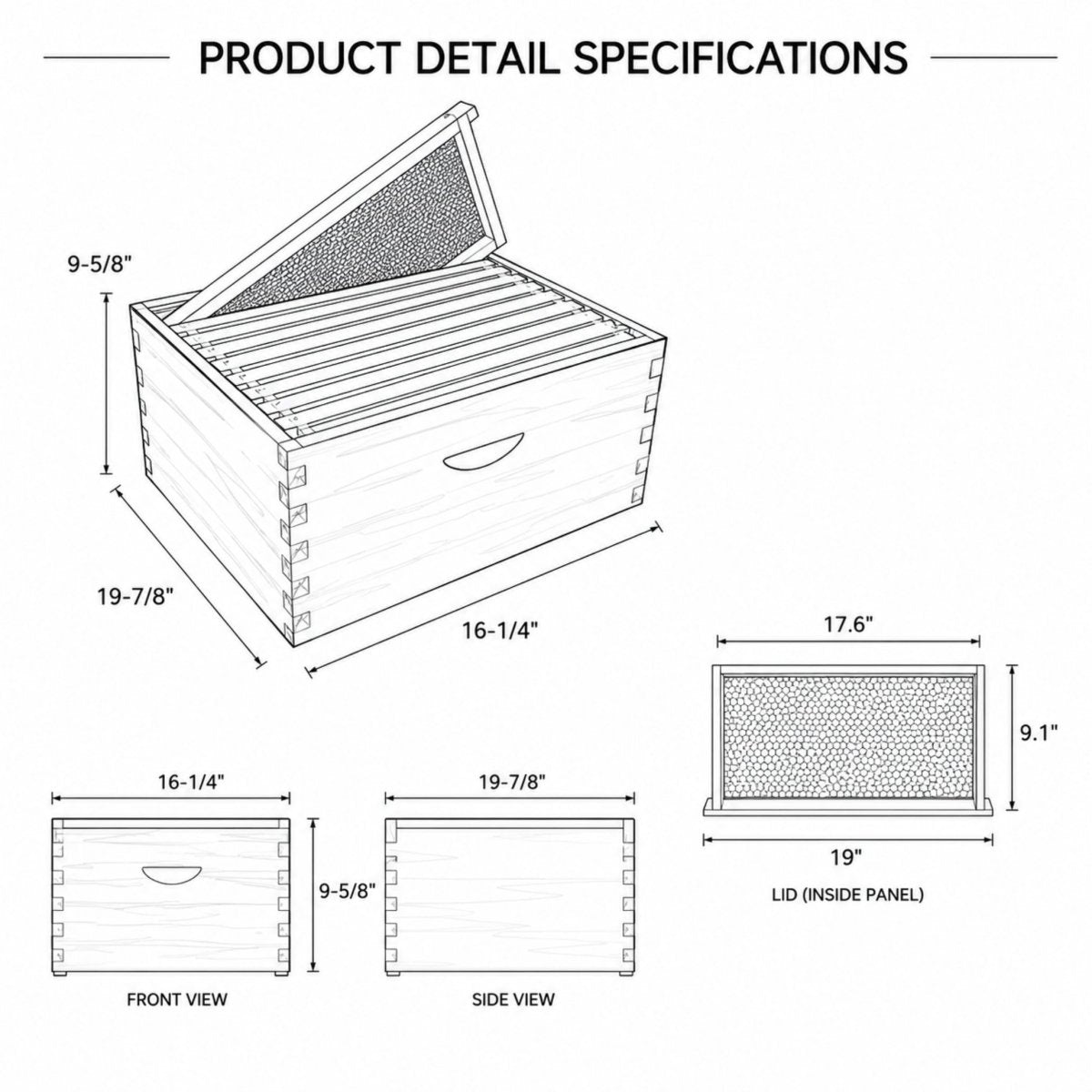 Technical line drawing of the Kouvr 10-frame deep brood box showing exact dimensions of 19 and 7/8 inches long by 16 and 1/4 inches wide by 9 and 5/8 inches high, with frame specifications.