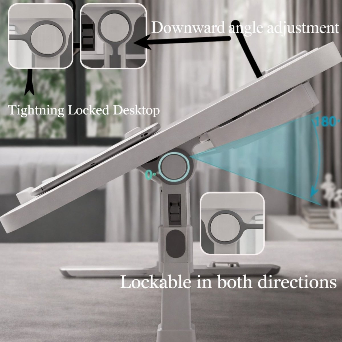 Detailed view of the tightening and locking mechanisms for the Kouvr lap desk's desktop tilt, ensuring stability.