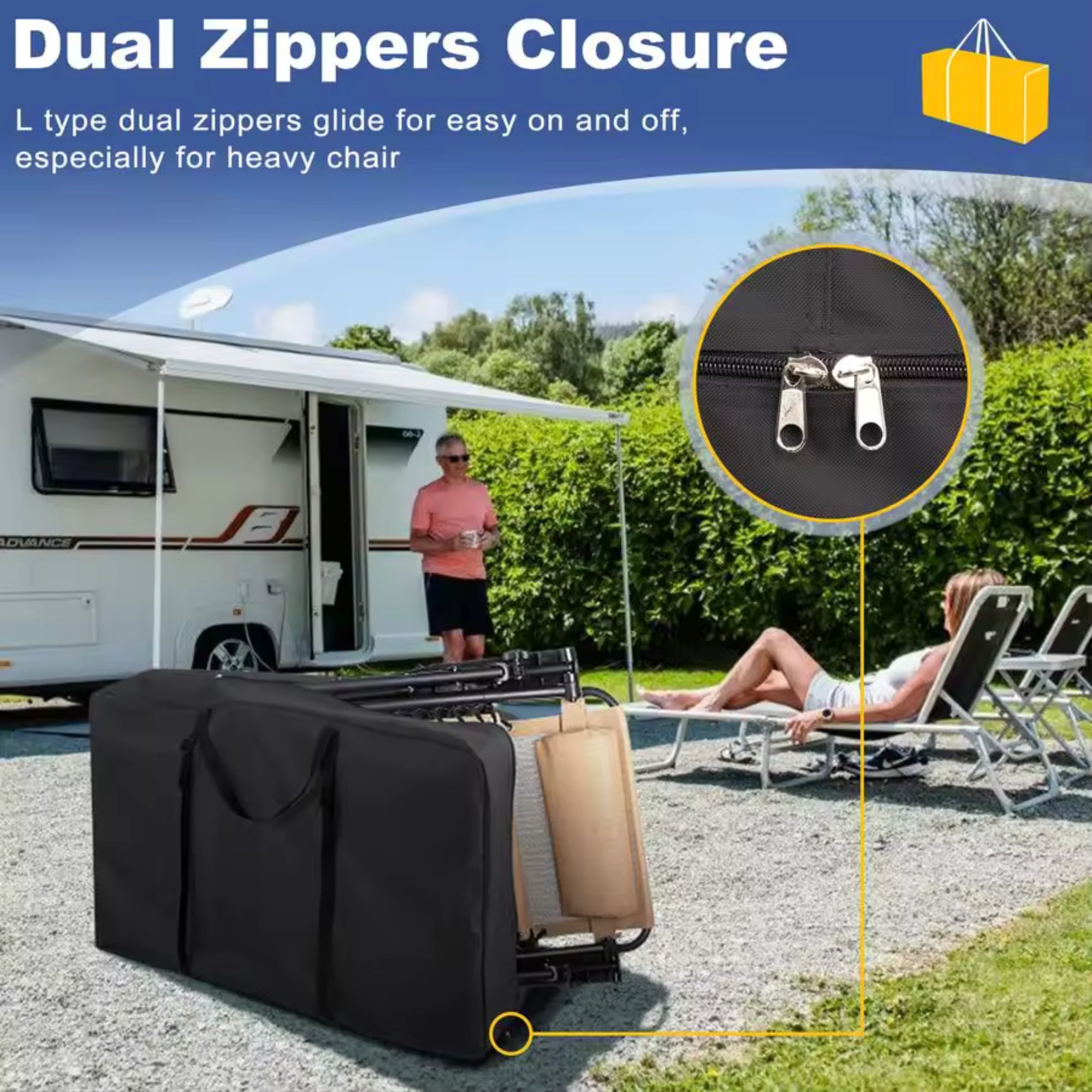 Close up detail of the smooth gliding L-shaped dual zippers on the Kouvr waterproof transport bag showing easy access for heavy chairs.
