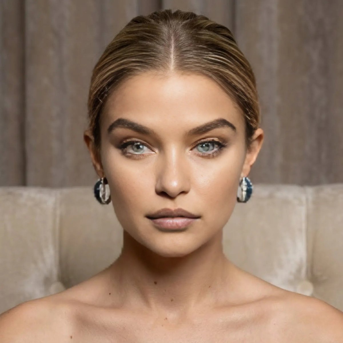 The Kouvr Midnight Lark 18k white gold huggie hoop earrings with blue sapphires and diamonds, styled for a luxury evening look.