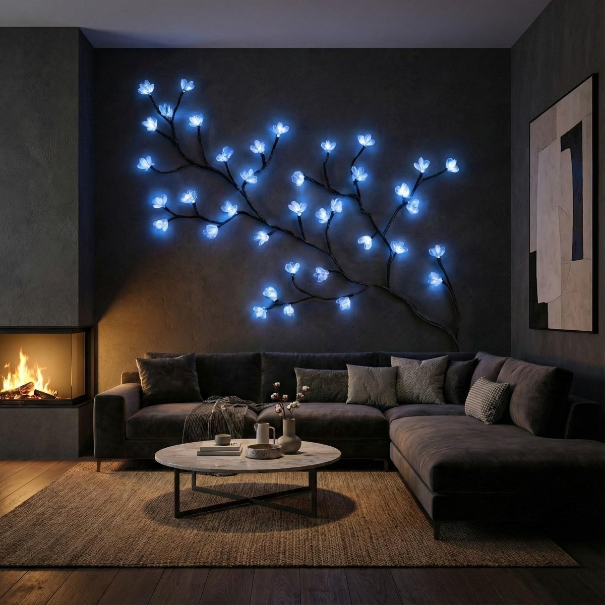 The Kouvr lavender lighted blossom branch wall art casting a serene blue glow on a dark accent wall above a modern grey sectional sofa and fireplace.