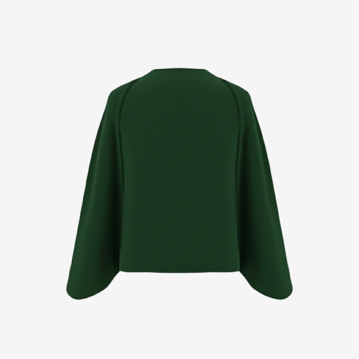 Back view of the Kouvr Laverne collarless jacket in dark green, showing the shoulder seam detail and textured fabric.